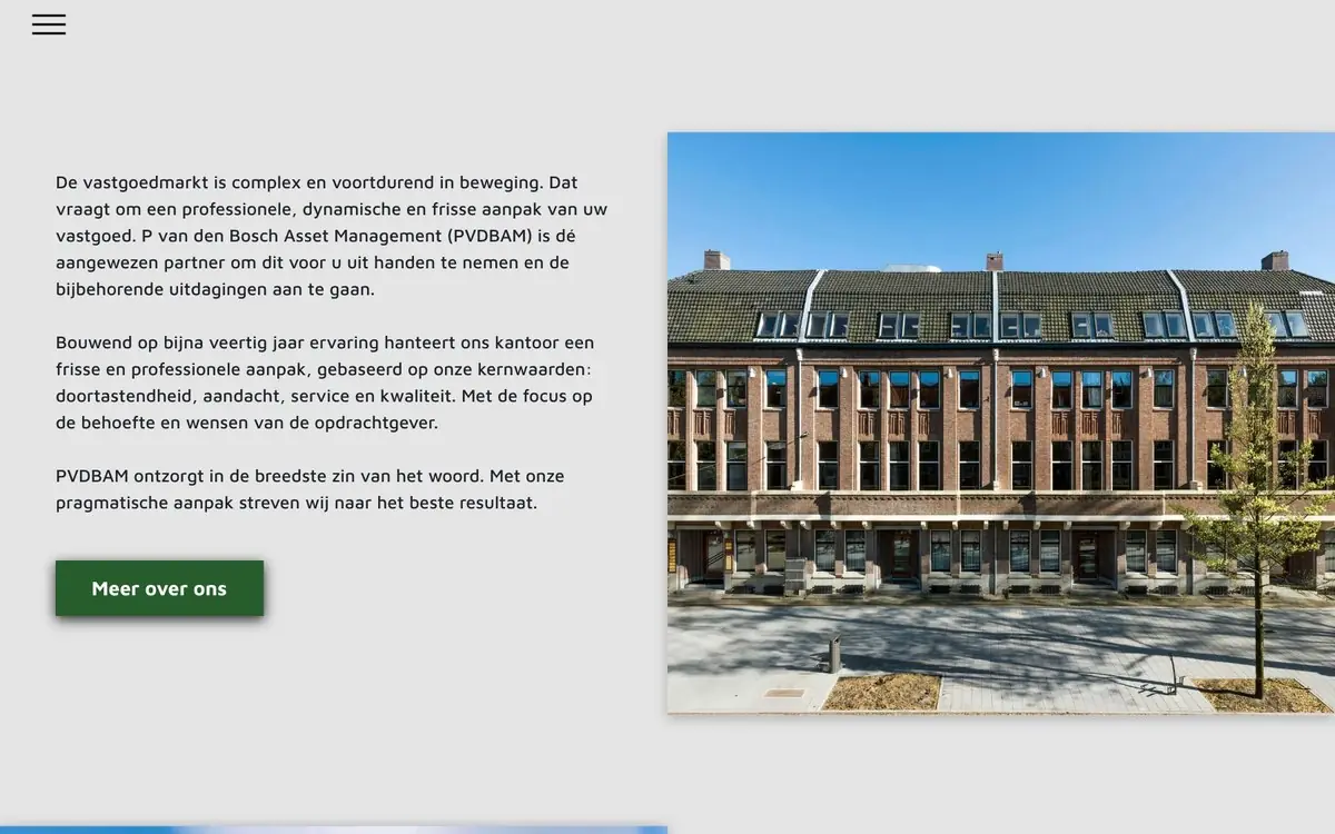 De oude website van PVDB Asset Management: grijze achtergrond met tekst en een foto van het pand