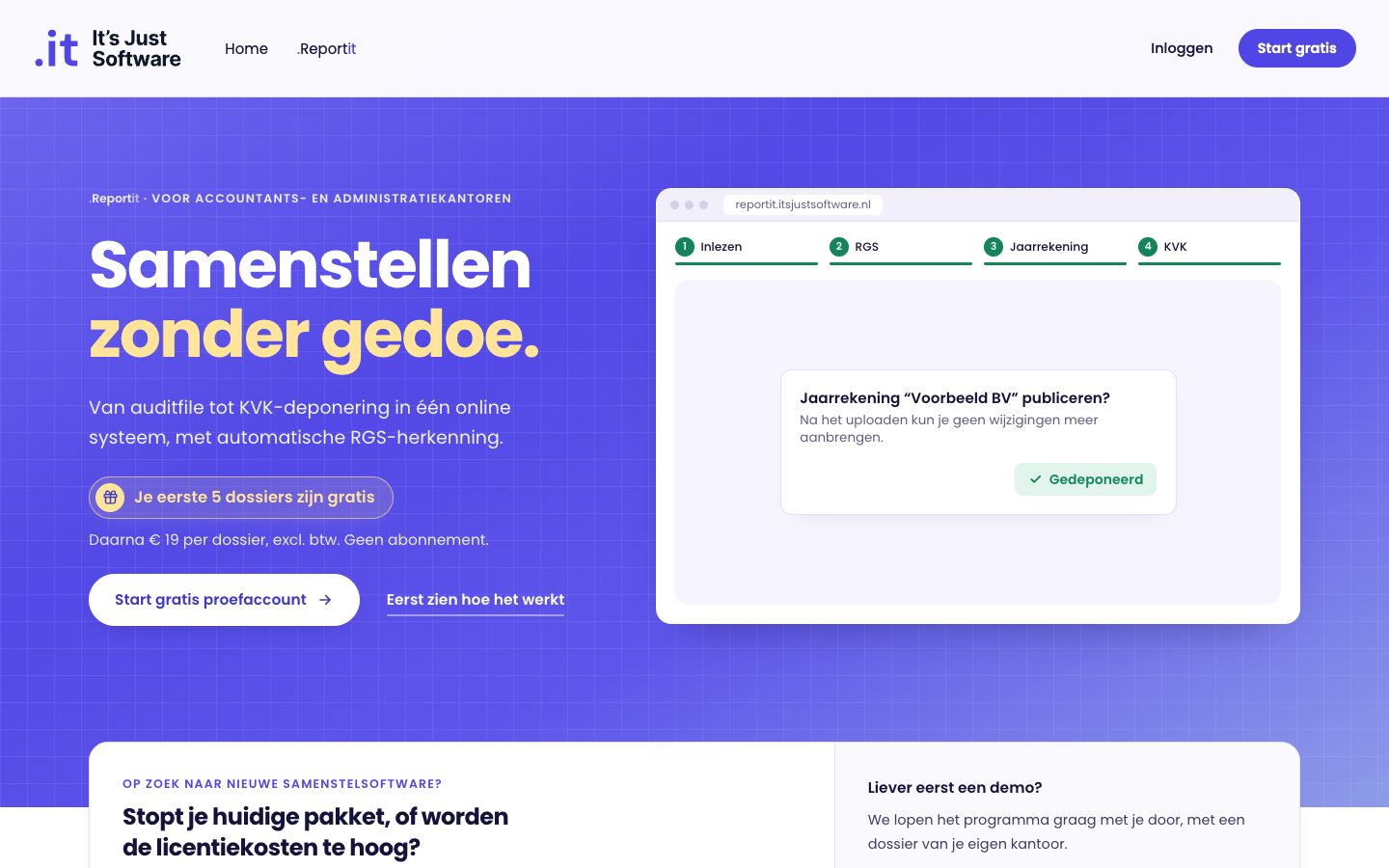 De nieuwe homepage van It’s Just Software: Samenstellen zonder gedoe, met een knop voor een gratis proefaccount
