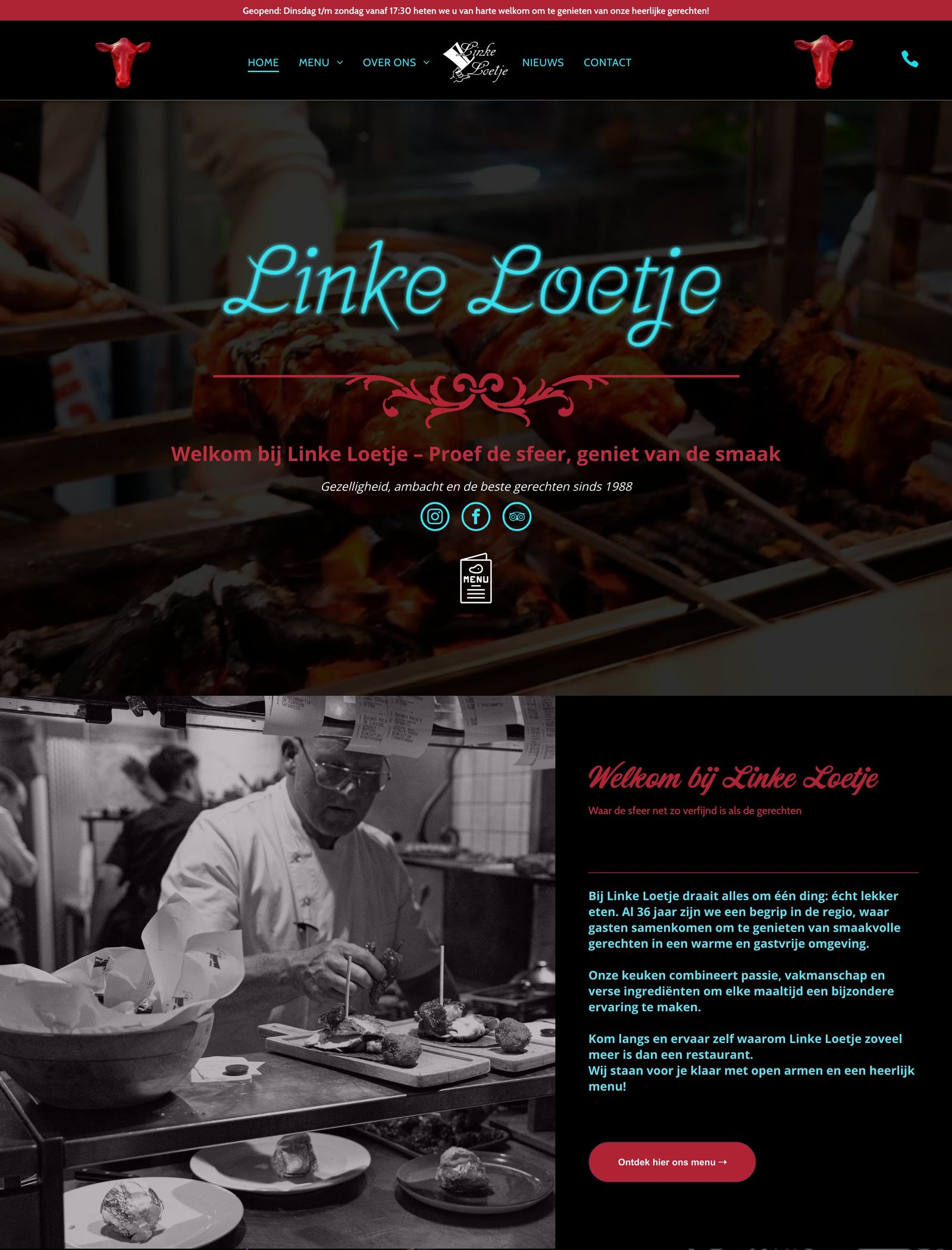 De nieuwe homepage van Linke Loetje met de neonnaam en het welkom