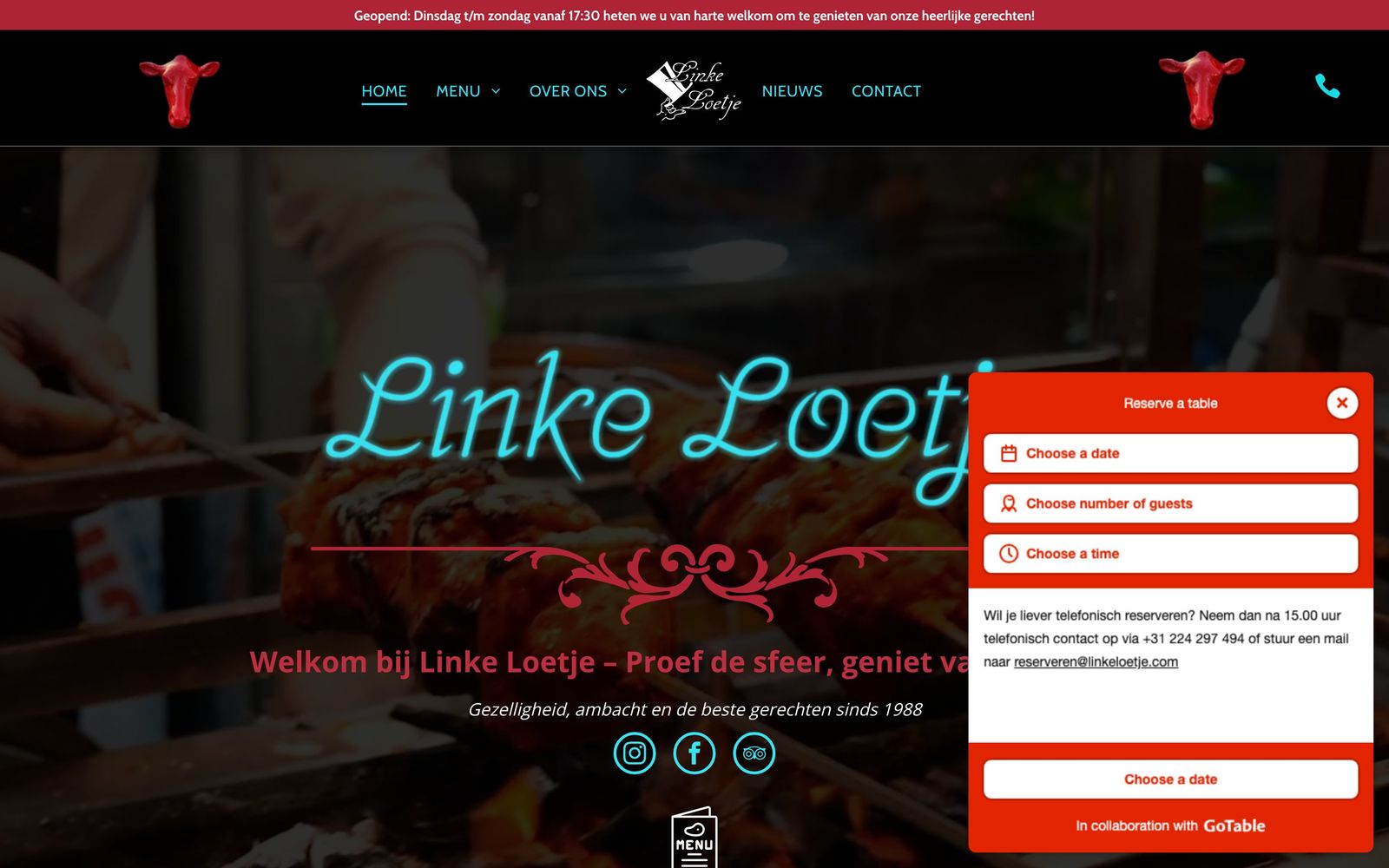 Het reserveervenster dat vanzelf opent op de homepage