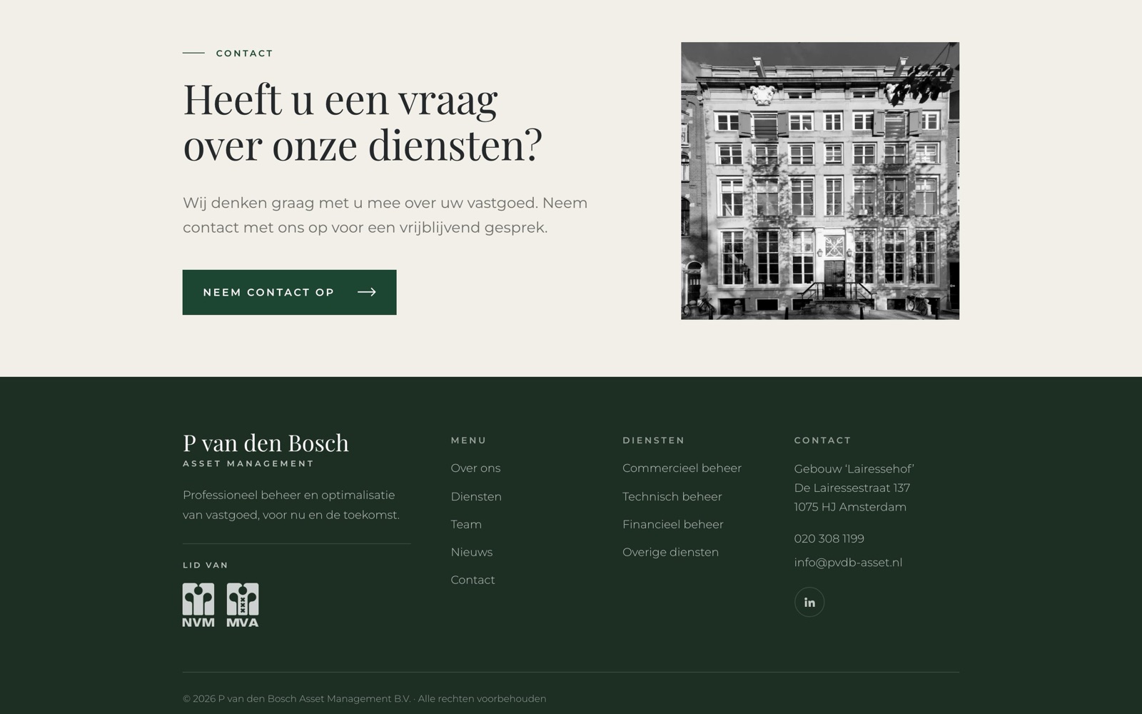 Contactblok en footer van de nieuwe site