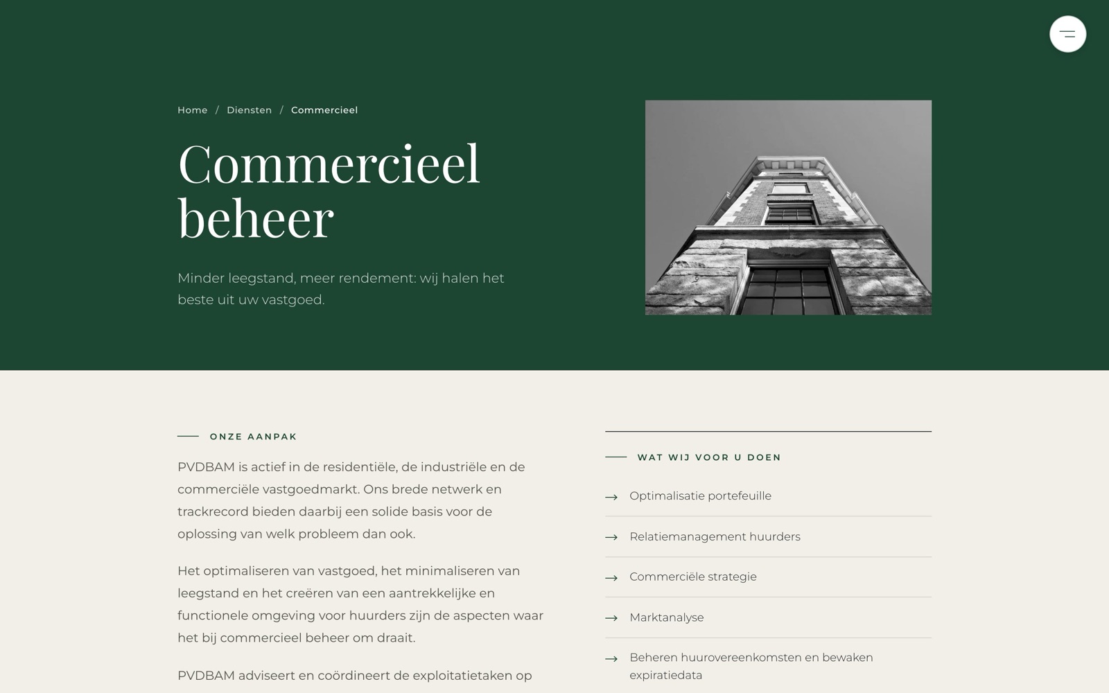 De dienstpagina Commercieel beheer in dezelfde stijl