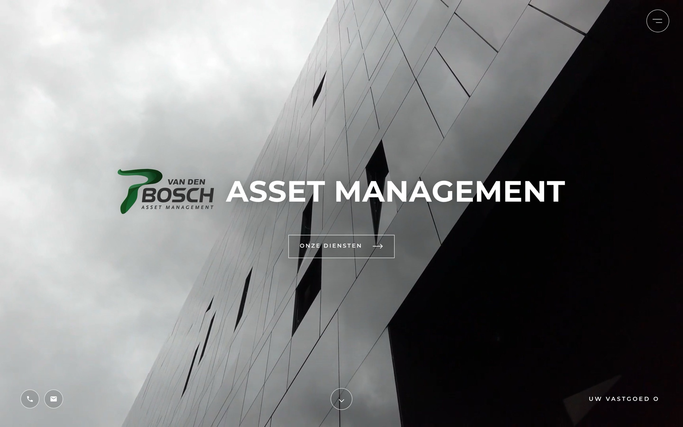 De nieuwe homepage van P van den Bosch Asset Management: logo en Asset Management op een zwart-witte gevel
