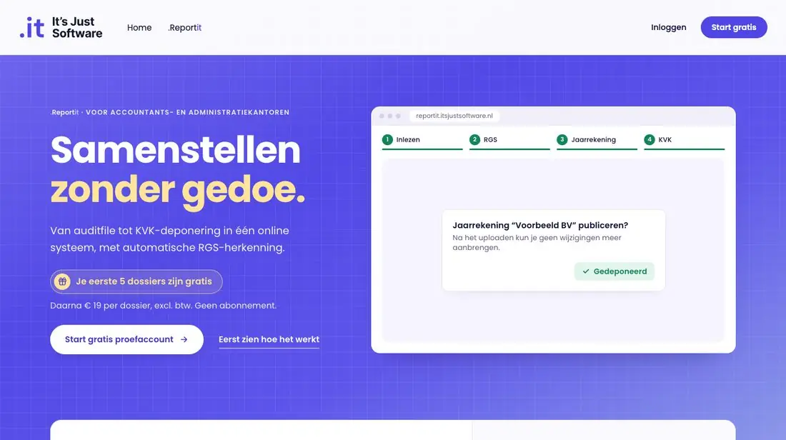 De nieuwe homepage van It’s Just Software: Samenstellen zonder gedoe, met een gratis proefaccount
