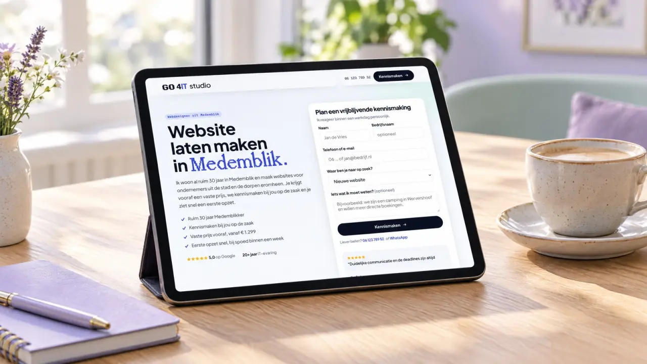 Tablet op tafel met de pagina Website laten maken in Medemblik