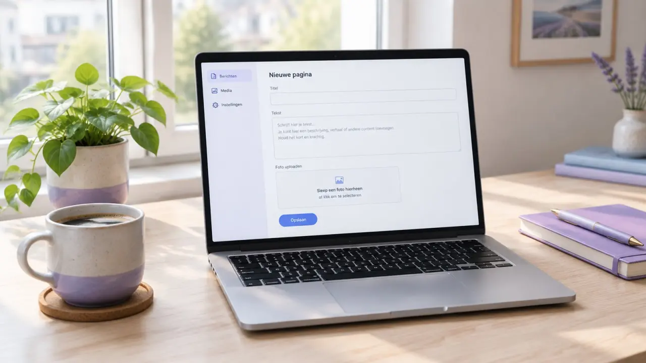 Laptop op een licht bureau met een eenvoudig beheerscherm van een website en een blauwe knop Opslaan
