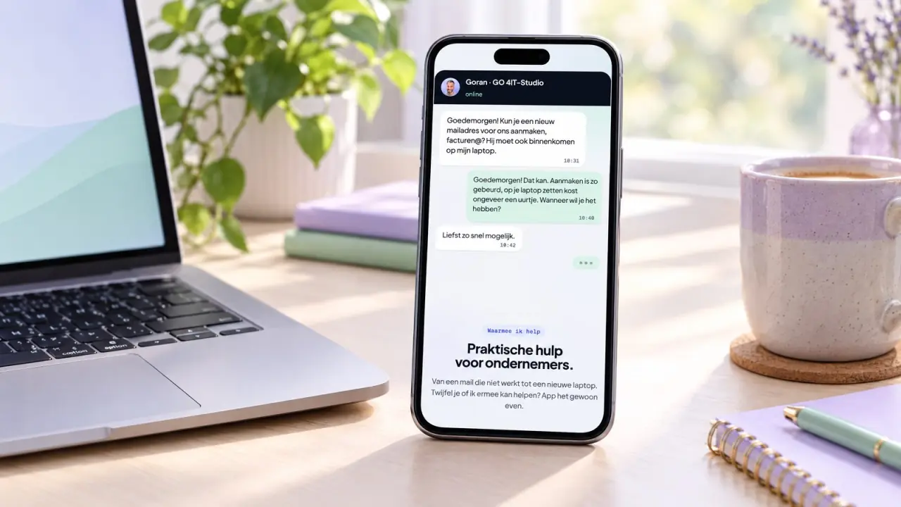 Telefoon met een WhatsApp-gesprek over een nieuw mailadres facturen@