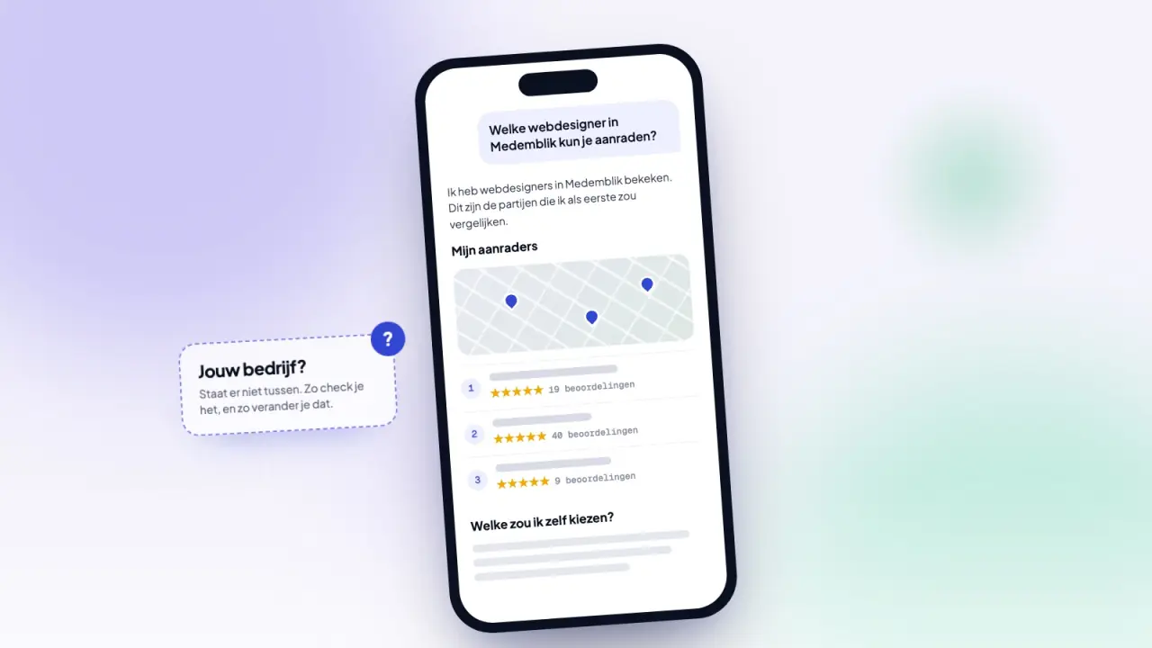 Telefoon met een AI-chat die drie webdesigners in Medemblik aanraadt, met daarnaast de vraag: jouw bedrijf?