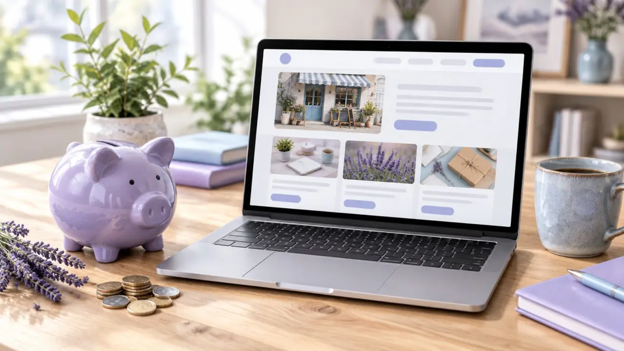 Lavendelkleurig spaarvarken naast een laptop met een eenvoudige website, met een paar munten, een koffiemok en lavendel op een houten bureau