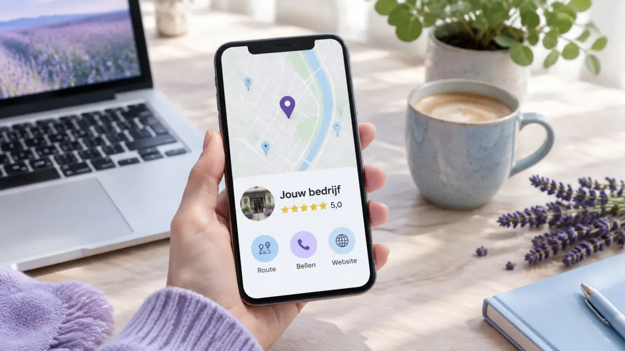Hand met een telefoon met een kaart en een bedrijfskaartje met vijf sterren en de knoppen Route, Bellen en Website