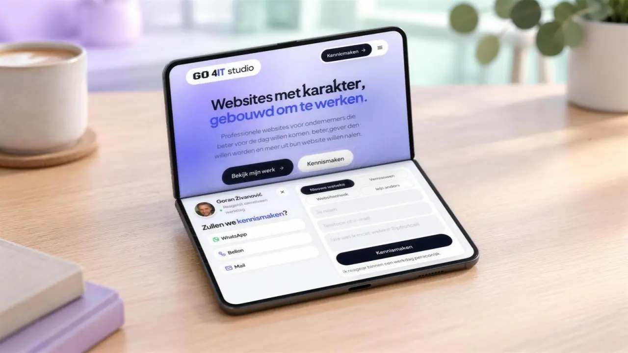 Half opengevouwen iPhone Duo op een bureau: boven de website van GO 4IT-Studio, onder het contactformulier
