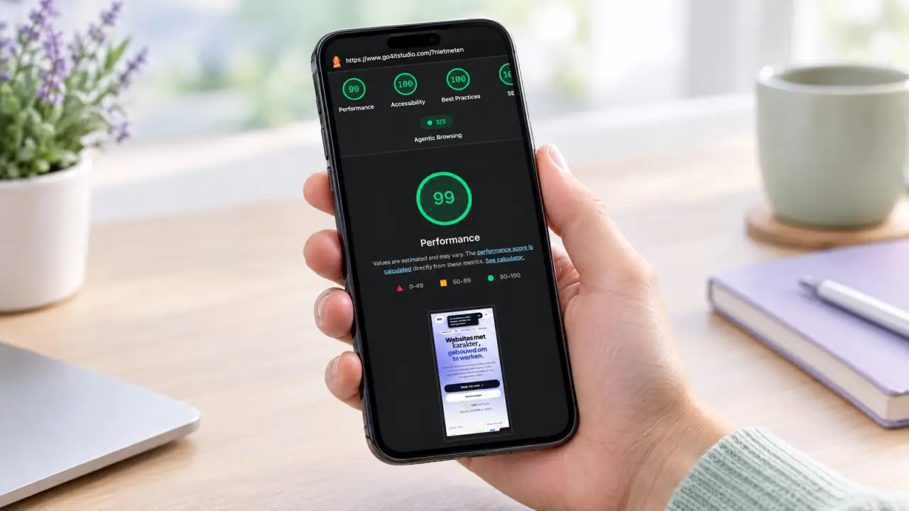Telefoon met een PageSpeed-score van 99 voor go4itstudio.com