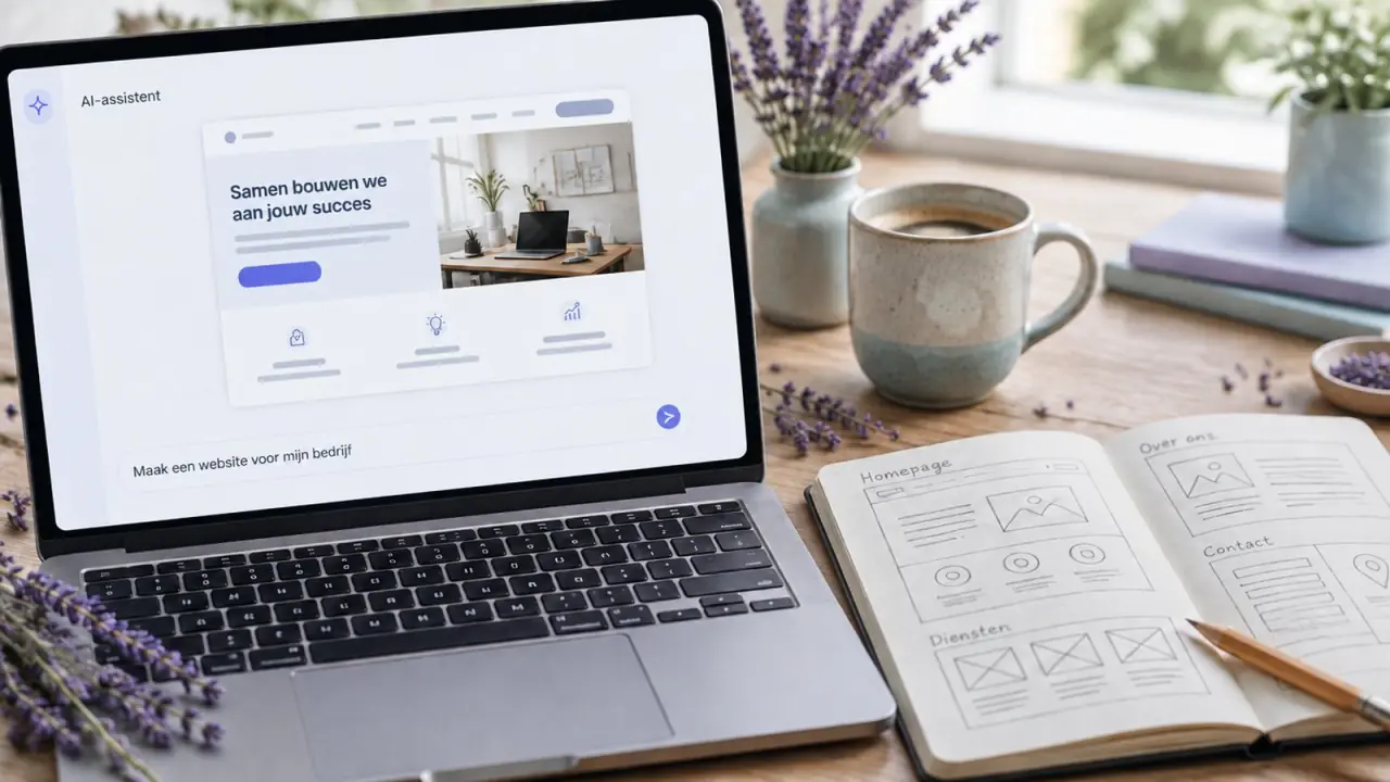 Laptop met een AI-assistent en de opdracht Maak een website voor mijn bedrijf, met ernaast een schetsboek met getekende websiteontwerpen