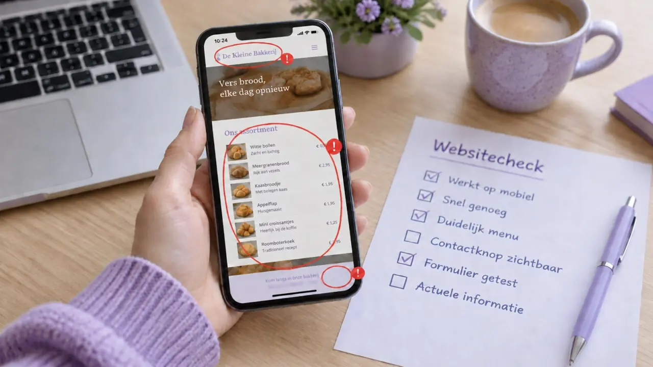 Hand met een telefoon waarop rode markeringen fouten op een website aanwijzen, naast een laptop en een checklist