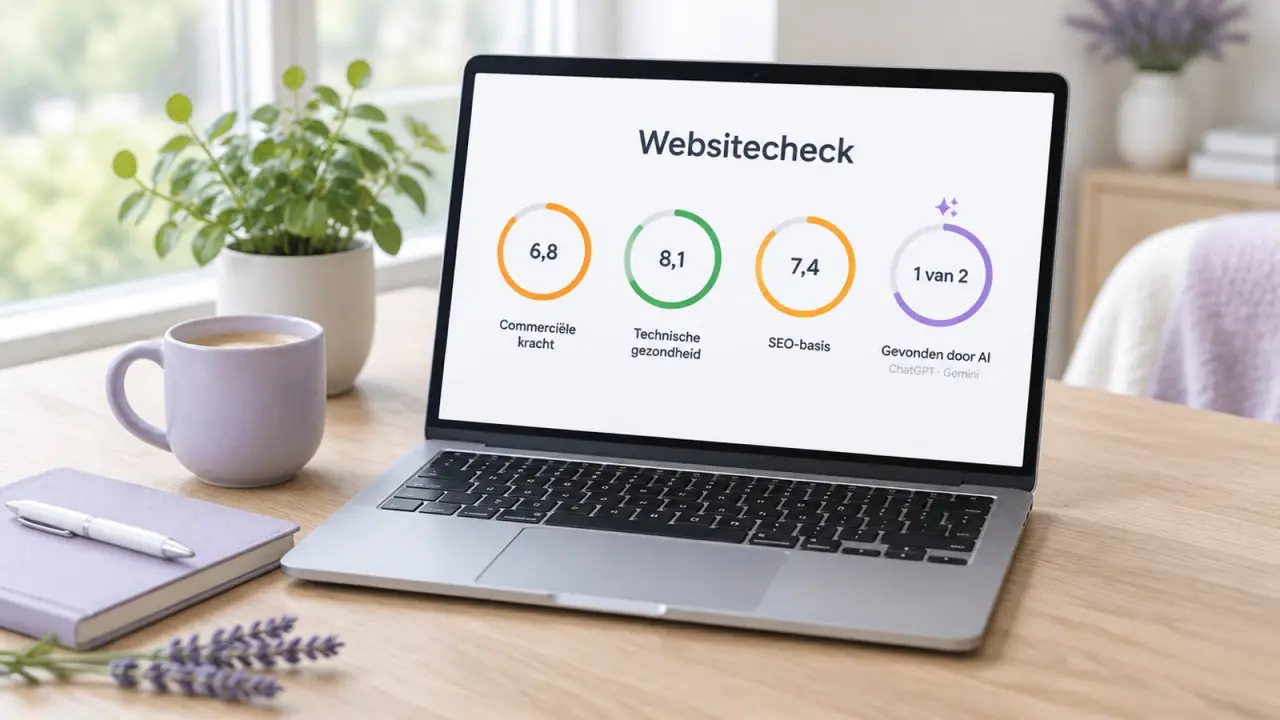Laptop op een licht bureau met een websitecheck: drie cijfers voor commerciële kracht, technische gezondheid en SEO-basis, en een vierde ring Gevonden door AI