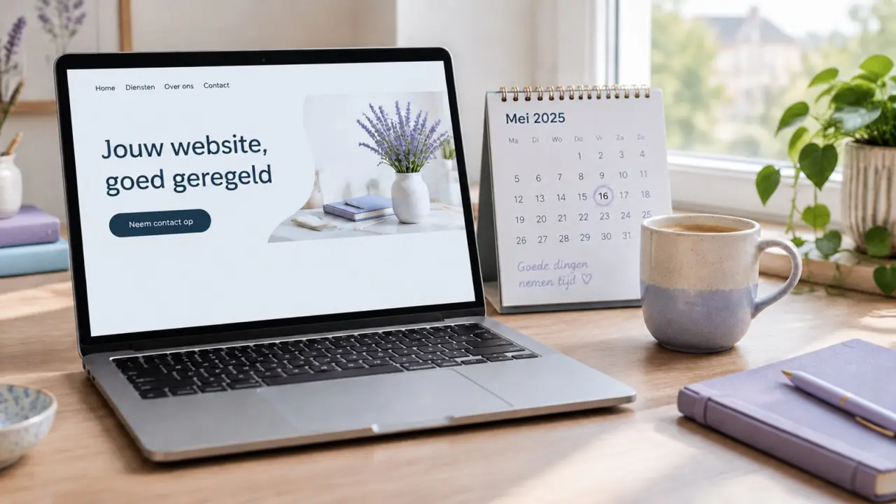Laptop met een website met de kop Jouw website, goed geregeld, naast een bureaukalender