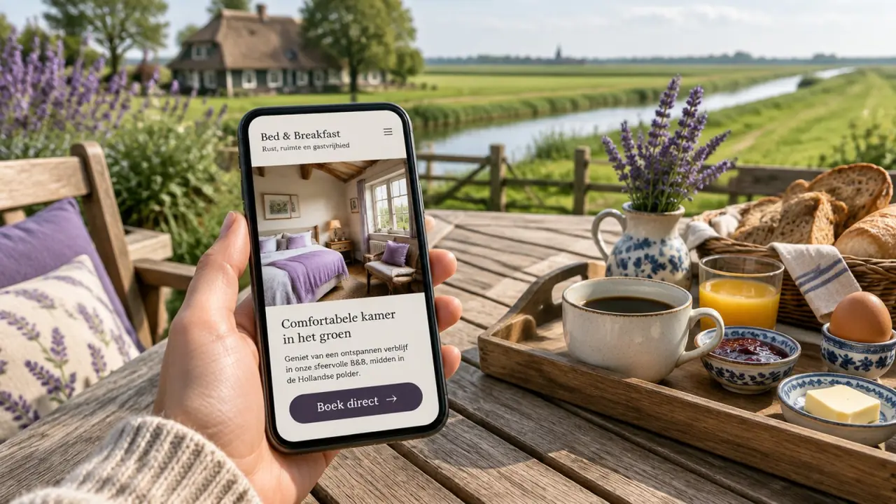 Hand met een telefoon op een terrastafel van een B&B, met op het scherm een website met de knop Boek direct en op de achtergrond de polder