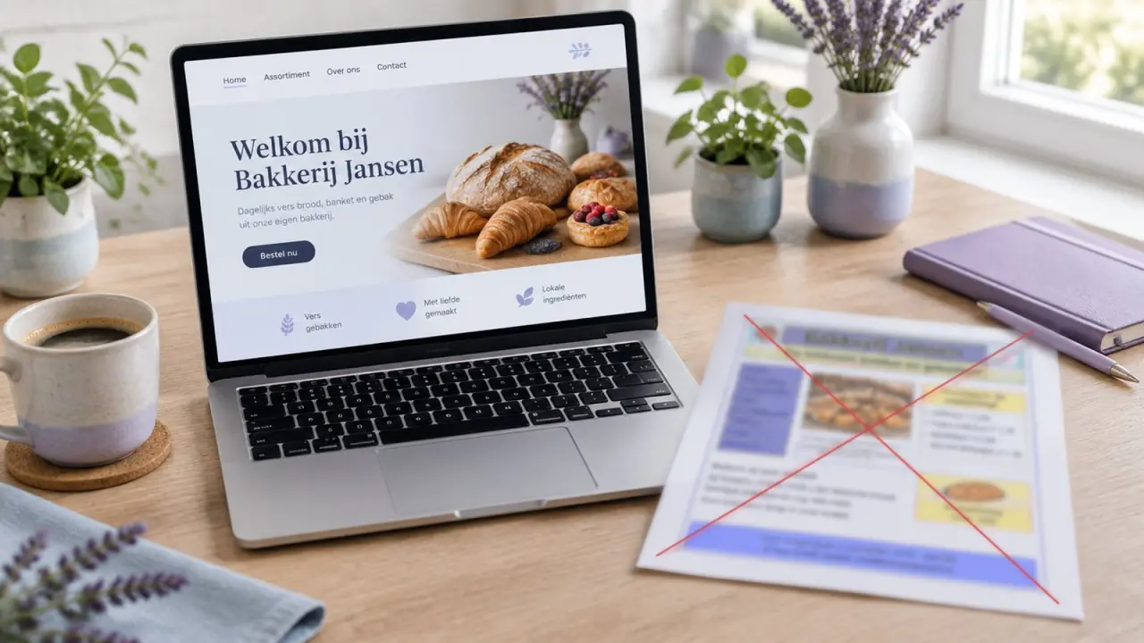 Laptop met de nieuwe website van Bakkerij Jansen, met ernaast een uitgeprinte oude versie die met een rood kruis is doorgestreept