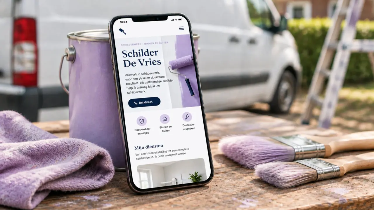 Telefoon tegen een lavendelkleurig verfblik op een werkbank, met op het scherm de website van Schilder De Vries en de knop Bel direct, op de achtergrond een witte bedrijfsbus