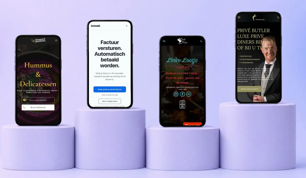 Vier telefoons met de mobiele websites van BetaaldWorden.nl, Linke Loetje, Privé Butler en Hummus & Delicatessen