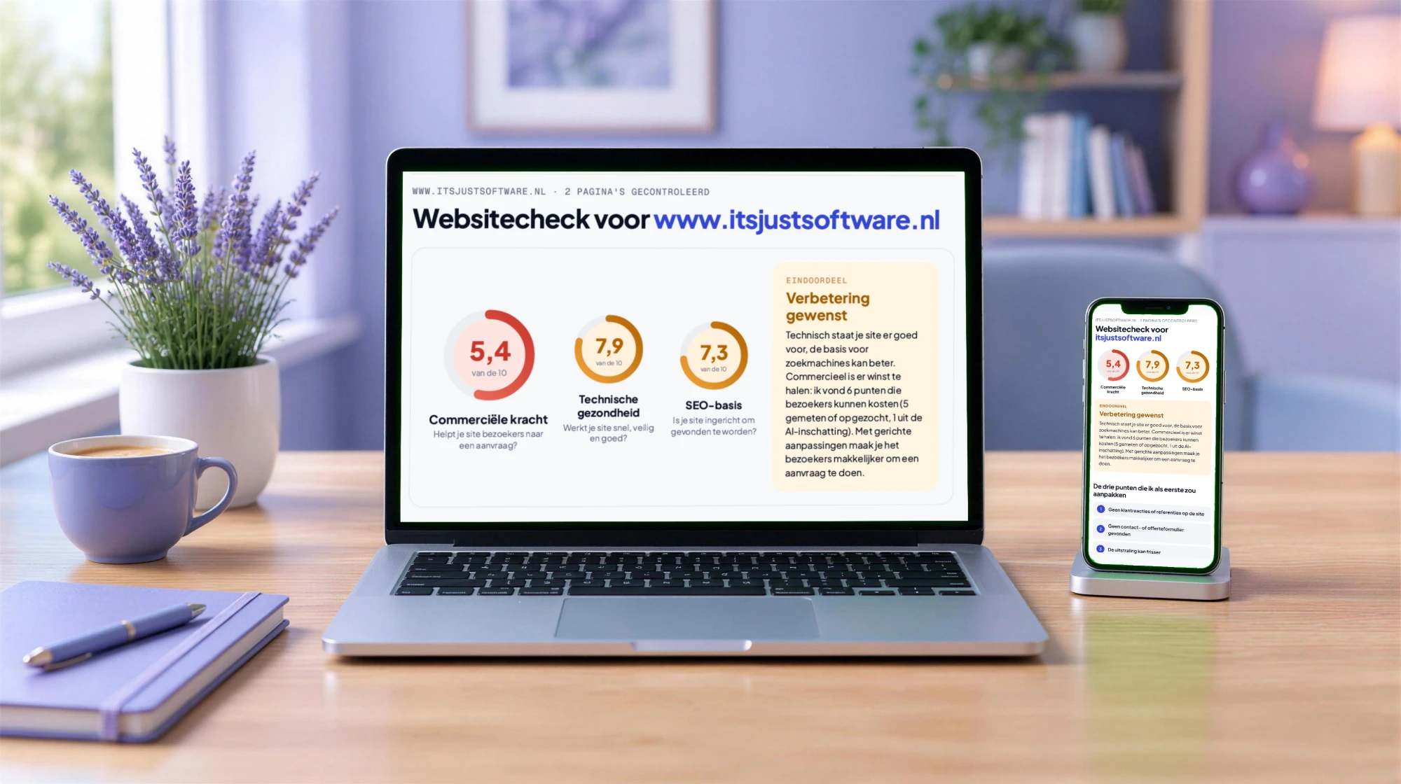 Een websitecheck-rapport van GO 4IT-Studio op een laptop en een telefoon: drie cijfers, het eindoordeel en de drie punten die je als eerste aanpakt