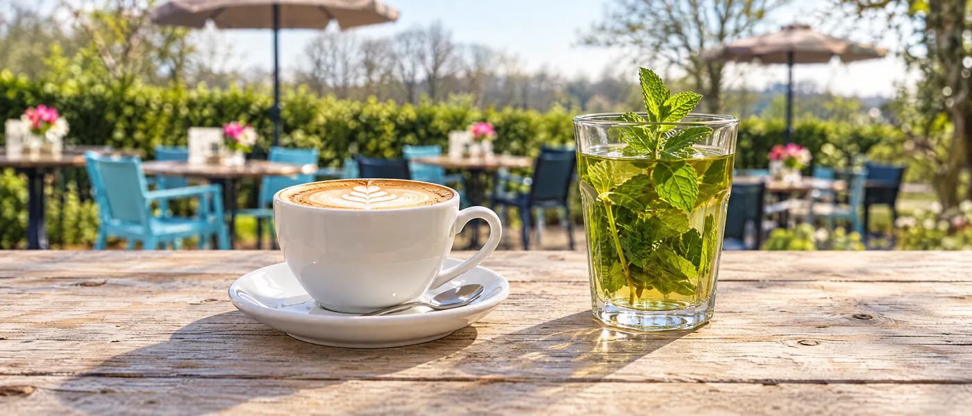 Een cappuccino en verse muntthee op tafel in de theetuin