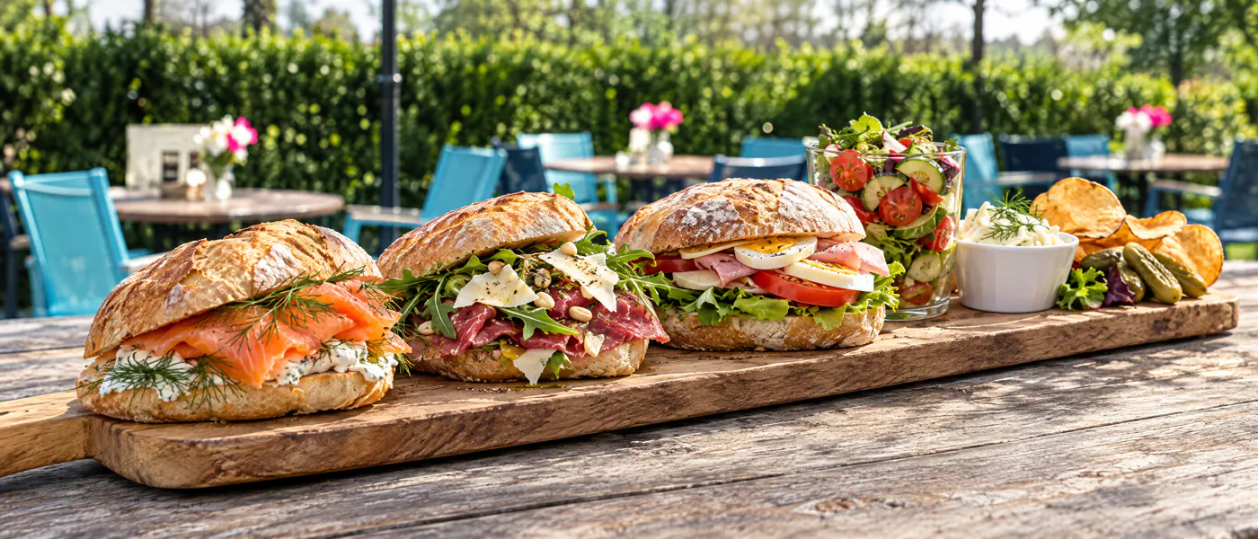 Rustieke broodjes met zalm, carpaccio en gezond op een plank in de theetuin
