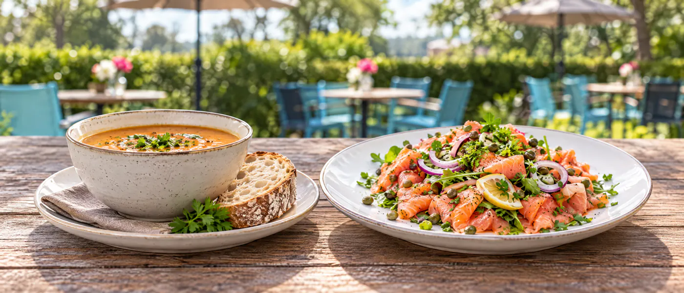Huisgemaakte soep en een gerookte zalm salade in de theetuin